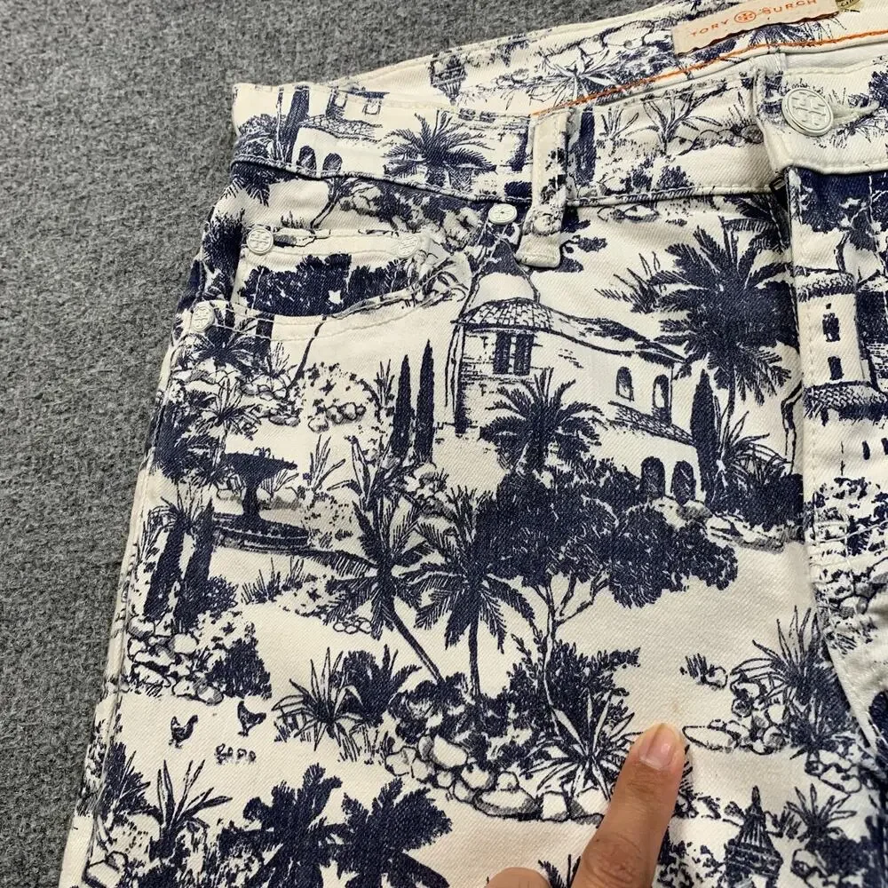 Tory Burch Jeans Womens 27 White Navy Tropical Toile Print Straight Leg Mid Rise